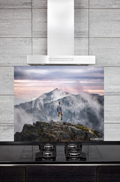 Kitchen Splashback Man on Mountain