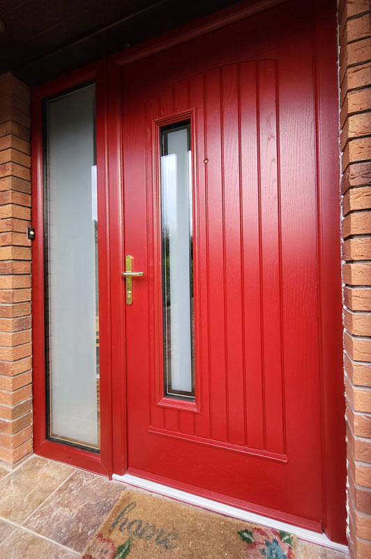 Palladio Composite Door Rome with frosted and clear border glass External Red Internal Cream 01