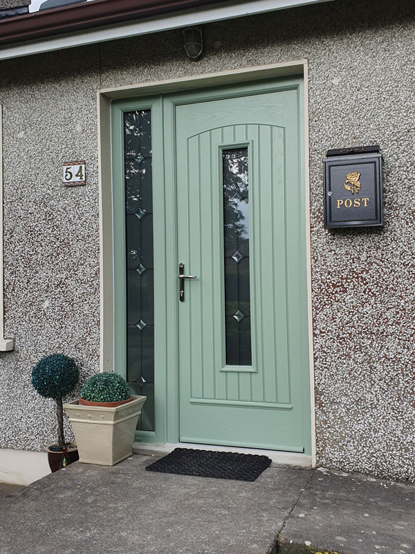 Palladio Composite Door Seville with decor glass TG8 frosted back External Chartwell Green 01